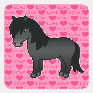 Schwarzer Cartoon Shetland Pony Liebe Herz Quadratischer Aufkleber