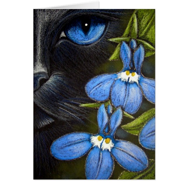 SCHWARZER CAT HINTER der LOBELIA-BLUMEN Karte (Vorne)