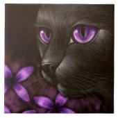 SCHWARZER CAT mit VIOLETTER BLUMEN-FLIESE Fliese (Vorderseite)