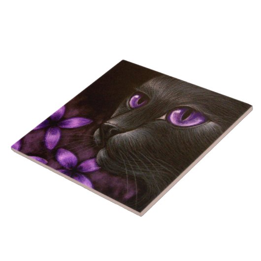 SCHWARZER CAT mit VIOLETTER BLUMEN-FLIESE Fliese (Seite)