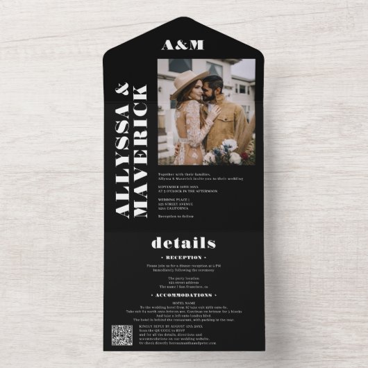 Schwarzer Chic Fett einfache Monogramm Foto Hochze All In One Einladung (Innen Boden)