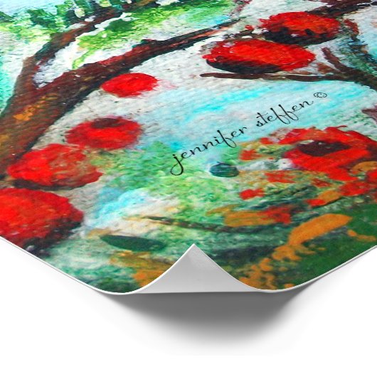 Schwarzer Chickadee-Vogel mit Birnen-Glossen Poster (Ecke)