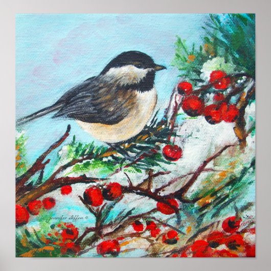 Schwarzer Chickadee-Vogel mit Birnen-Glossen Poster (Vorne)