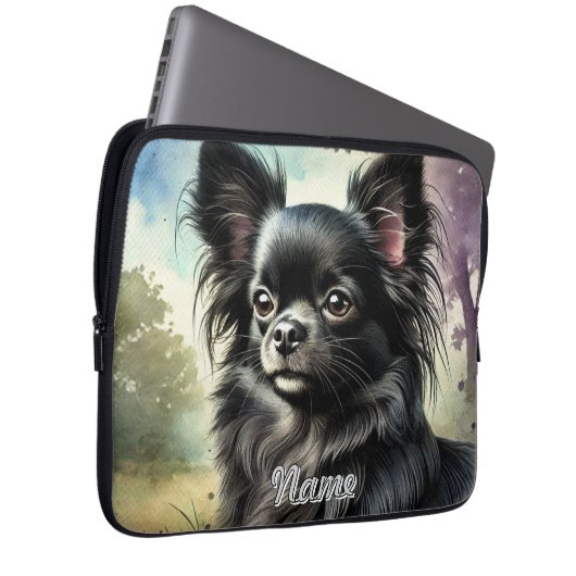 Schwarzer Chihuahua in Wasserfarbe Laptopschutzhülle (Vorne Rechts)