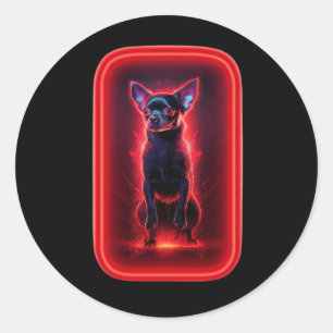 Schwarzer Chihuahua tanzt im neonroten Licht Runder Aufkleber