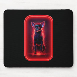 Schwarzer Chihuahua tanzt im Neonrotlicht Mousepad