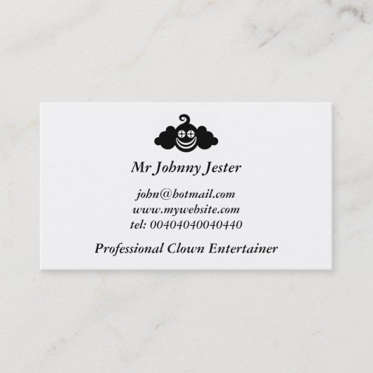 Schwarzer Clown, Herr Johnny Jester Visitenkarte (Vorderseite)