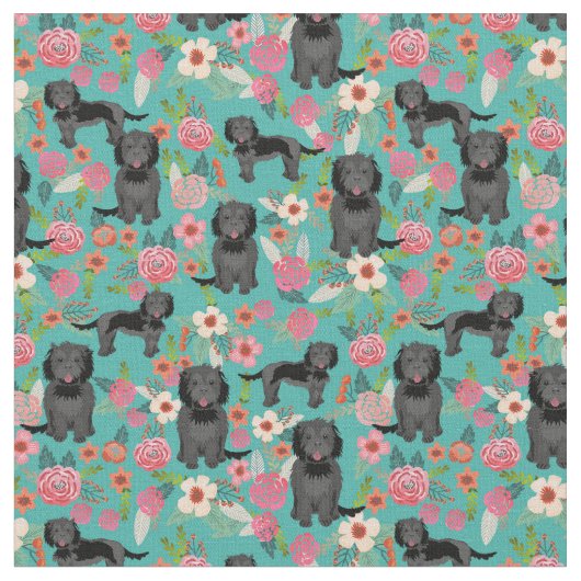 Schwarzer Cockapoo Hund Vintagen Blumen türkis Stoff (Nahaufnahme)