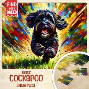 Schwarzer Cockapoo-Hundeporträt Acryl-Kunst Druck Puzzle