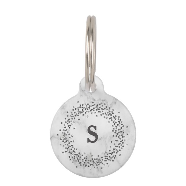 Schwarzer Confetti auf Marmormonogramm des blick-| Haustiermarke (Vorderseite)