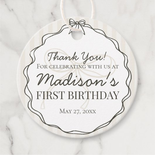 Schwarzer Coquette Bow Beige Streifen Geburtstag Geschenkanhänger (Vorderseite)