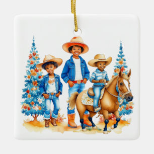 Schwarzer Cowboy Cowgirl Kinder Mit Pferd Weihnach Keramikornament