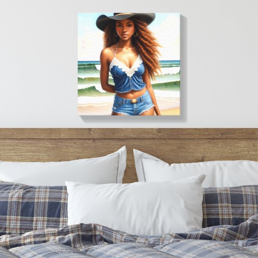 Schwarzer Cowgirl Kupfer Haar Strand Leinwanddruck (Insitu (Schlafzimmer))