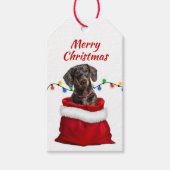 Schwarzer Dackel Hund in Santa Bag Geschenkanhänger (Vorderseite)