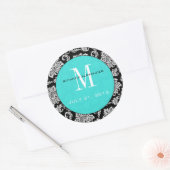 Schwarzer Damask Aquamariner Monogram-Hochzeitstic Runder Aufkleber (Umschlag)