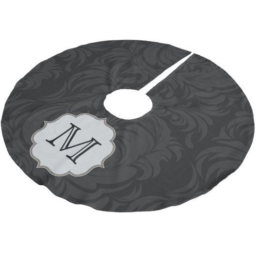 Schwarzer Damaskop-Monogram-Anfangskleid Polyester Weihnachtsbaumdecke (Schrägansicht)