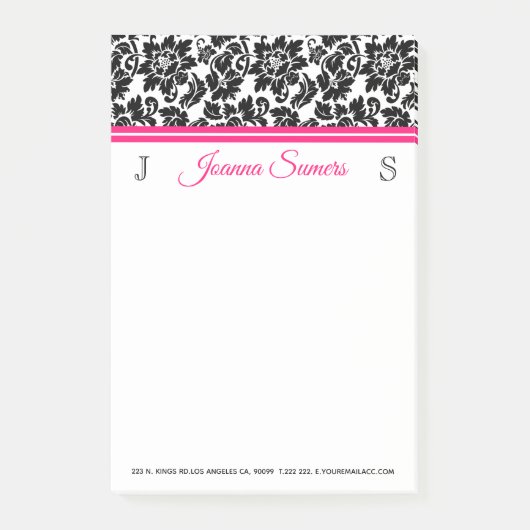 Schwarzer Damaskus Rosa Streifen Post-it Klebezettel (Vorderseite)