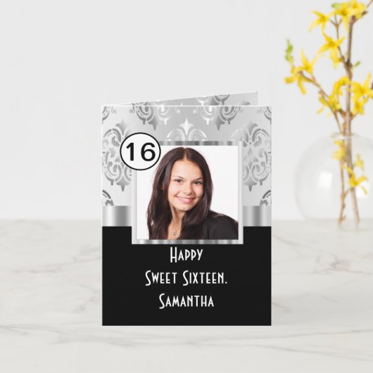 Schwarzer Damast 16 . Geburtstag Karte (Gelbe Blume)