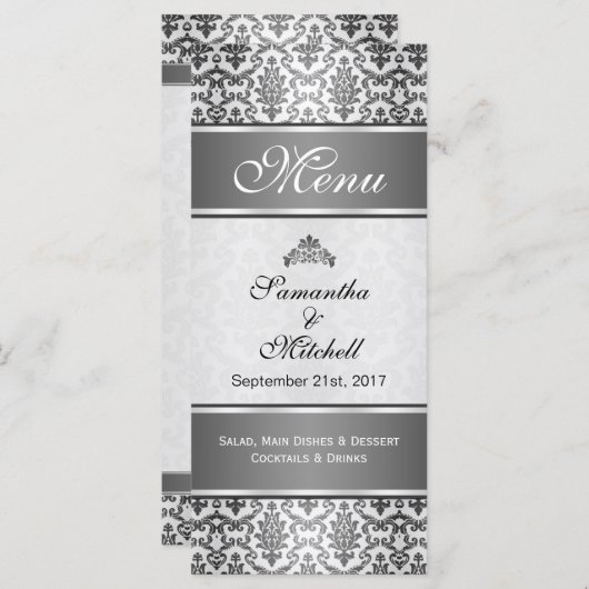 Schwarzer Damast auf dem silbergrauen Menü Menükarte (Vorne/Hinten)