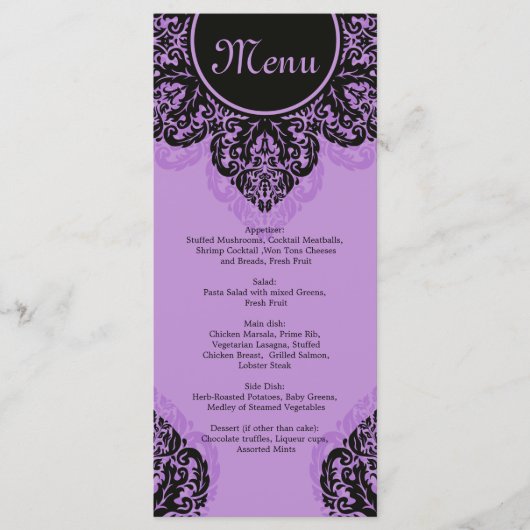 Schwarzer Damast auf der lila lila Menu Rack Card Menükarte (Vorderseite)