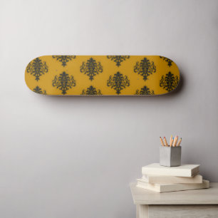 Schwarzer Damast auf Senfgelb Skateboard