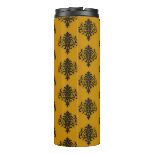 Schwarzer Damast auf Senfgelb Thermosbecher (Rückseite)