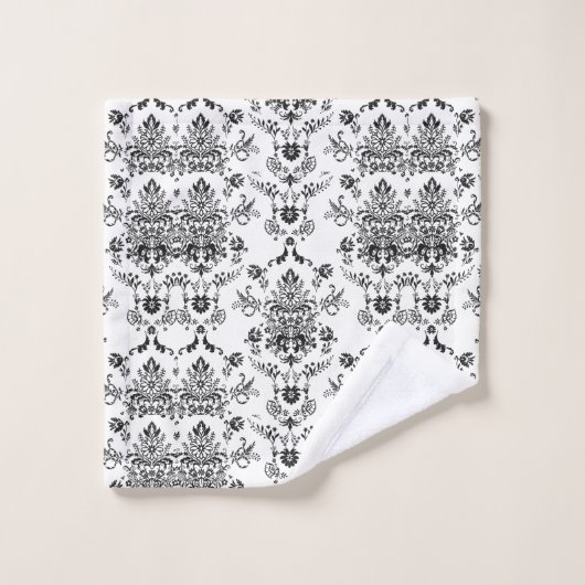 Schwarzer Damast auf weißem Bad-Tuch-Set Badhandtuch Set (Waschlappen)