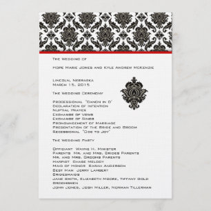 Schwarzer Damast auf weißem Hochzeitsprogramm mit Programm
