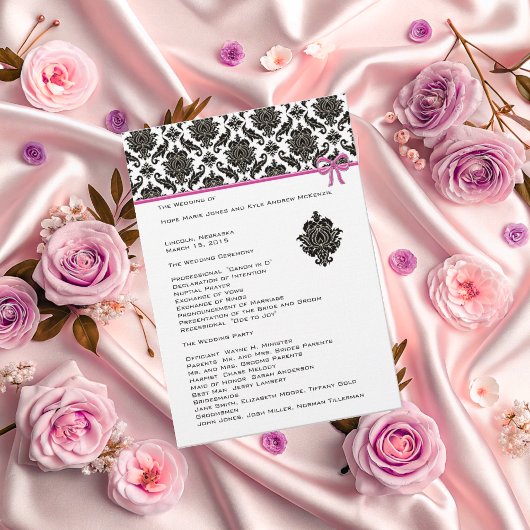 Schwarzer Damast auf weißem Hochzeitsprogramm mit Programm
