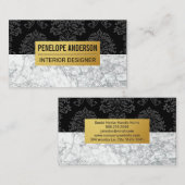 Schwarzer Damast Metallic Muster | Weißer Marmor Visitenkarte (Vorne/Hinten)
