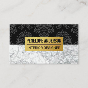 Schwarzer Damast Metallic Muster   Weißer Marmor Visitenkarte