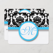 Schwarzer Damast mit heller Aqua Blue Trim Hochzei RSVP Karte (Vorne/Hinten)