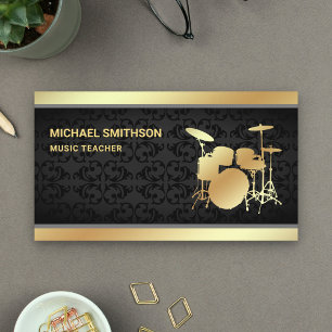Schwarzer Damast Musiklehrer Gold Drum-Kit Schlagz Visitenkarte