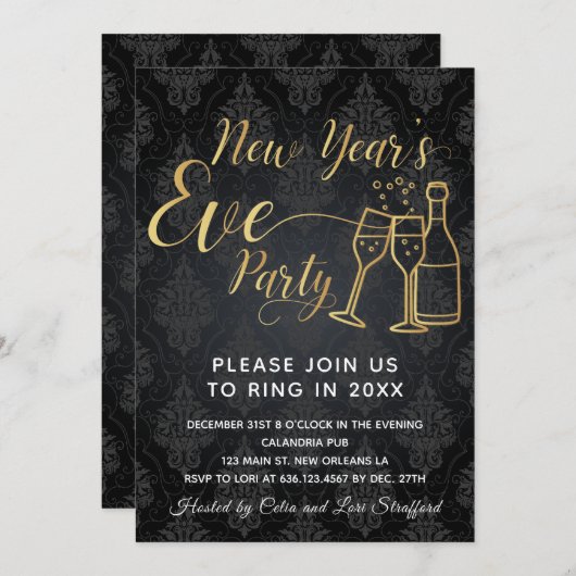 Schwarzer Damast Neujahrs-Party Einladung (Vorne/Hinten)