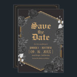 Schwarzer Damast Rose Save the Date Hochzeit Einladung<br><div class="desc">Dunkelelegante gotische Swirl-Rose Ankündigung Datum freihalten mit einem wirbelnden blüh und einem Trio tiefer rote Rosen auf einem Imitat texturierten Papierhintergrund. Dieses coole und einmalige Save the Date ist ideal für das Ehepaar, das eine nicht-traditionelle Hochzeit plant. Einfach anzupassen, fügen Sie einfach die Details Ihrer Hochzeit in den Feldern zur...</div>