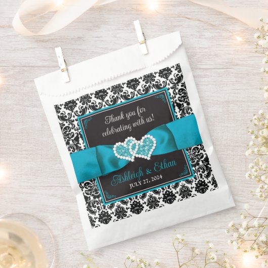 Schwarzer Damast, türkisfarbene Liebe Herz Hochzei Geschenktütchen (Ausgeschnitten)