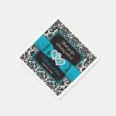 Schwarzer Damast, türkisfarbene Liebe Herz Hochzei Serviette (Ecke)
