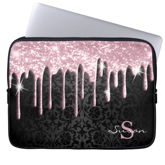 Schwarzer Damast und rosa Glitzer Tropfen Laptopschutzhülle (Vorderseite)