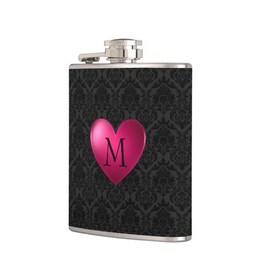 Schwarzer Damast und rosa Herz Flachmann (Links)