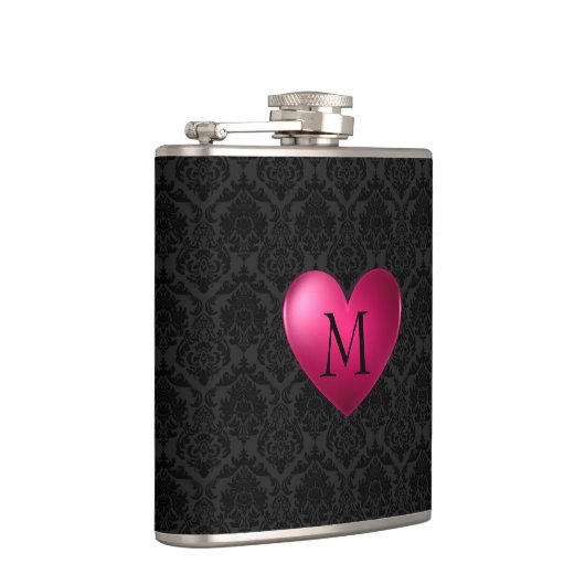 Schwarzer Damast und rosa Herz Flachmann (Rechts)