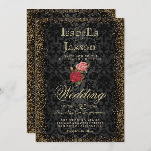 Schwarzer Damast und Rose Einladung (Vorne/Hinten)