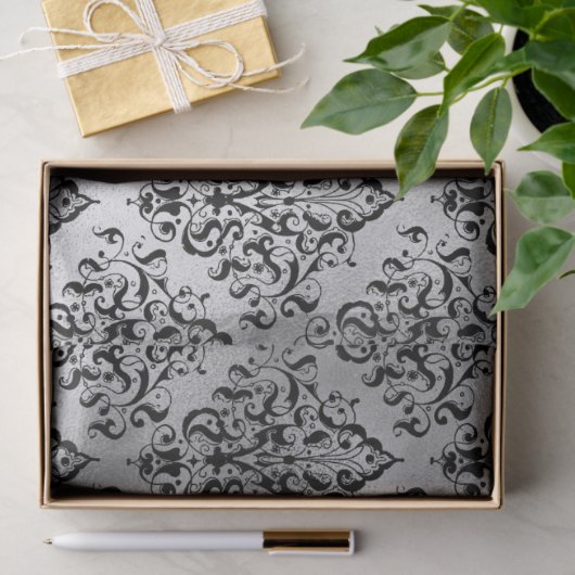 Schwarzer Damast und Silver Decoule Seidenpapier (Geschenk)