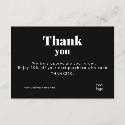 Schwarzer Danke-Karten-Logo-Rabattcode Dankeskarte (Rückseite)