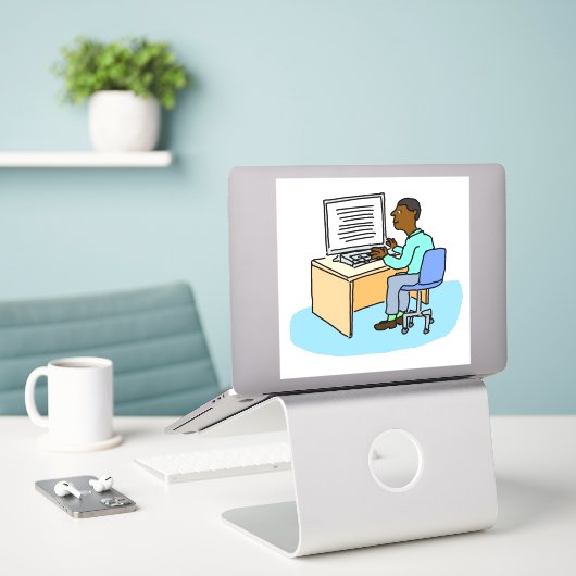 Schwarzer, der an einem Computeraufkleber arbeitet Aufkleber (Laptop auf Schreibtisch)