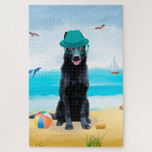 Schwarzer Deutscher Schäferhund am Strand Puzzle