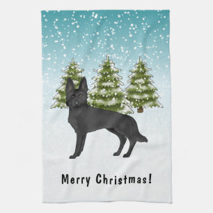 Schwarzer Deutscher Schäferhund Winterwald mit Tex Geschirrtuch