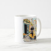 Schwarzer Doodle fährt mit Roller durch europäisch Kaffeetasse (VorderseiteRechts)