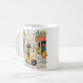 Schwarzer Doodle fährt mit Roller durch europäisch Kaffeetasse (Vorderseite Links)