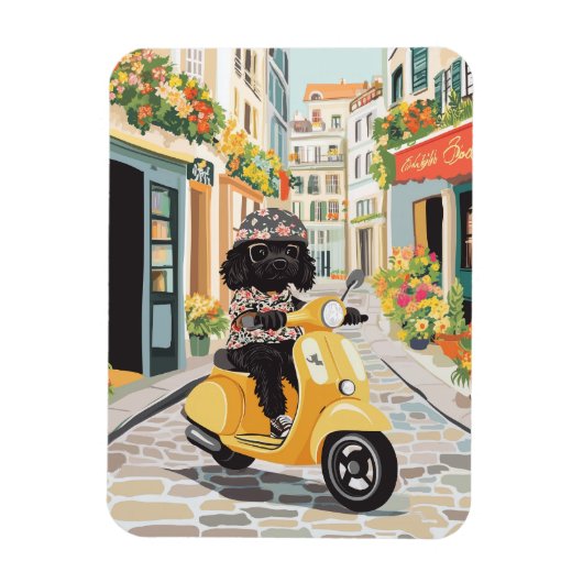 Schwarzer Doodle fährt mit Roller durch europäisch Magnet (Vertikal)