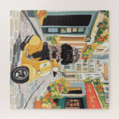 Schwarzer Doodle fährt mit Roller durch europäisch Puzzle (Horizontal)